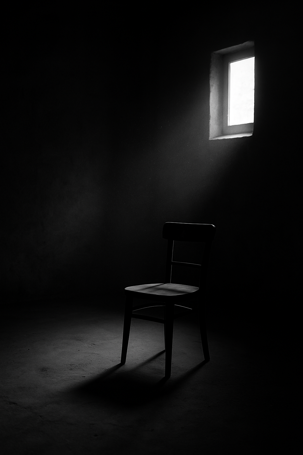 Black and white photo of an empty chair in a shadowy room with light from a window.