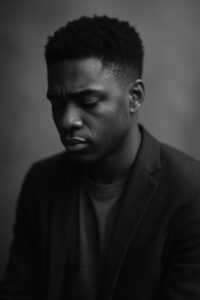A black and white photograph captures a young Black entrepreneur seated alone at a desk, head bowed in reflection, embodying the quiet weight of grief and entrepreneurship in a dimly lit workspace.