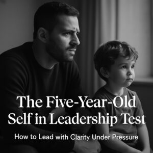 A black-and-white photograph of an adult and his five-year-old self walking apart, illustrating the concept of your five-year-old self in leadership under pressure.