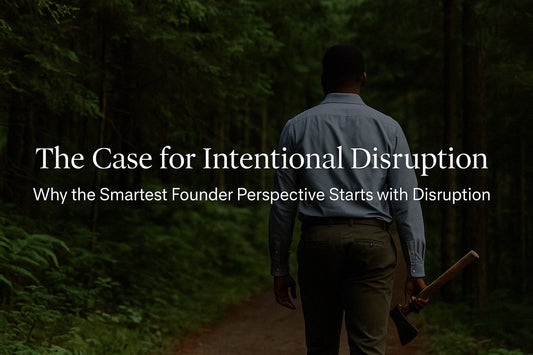 Black man in business casual walking into the forest with an axe, symbolizing a founder perspective on intentional disruption