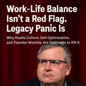 A middle-aged man with a skeptical expression stands in front of a red curtain, highlighting the outdated founder perspective critiqued in the article on founder perspective.