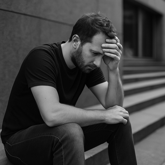A black-and-white photograph of a mid-30s tech founder in a relaxed t-shirt and jeans, sitting on concrete steps in an urban setting, deep in thought with a hint of vulnerability, capturing the weight of leadership in the tech world.