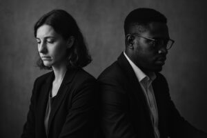 Two silhouetted professionals stand back to back in a black and white image, symbolizing the quiet tension between coaching and consulting in the age of AI.