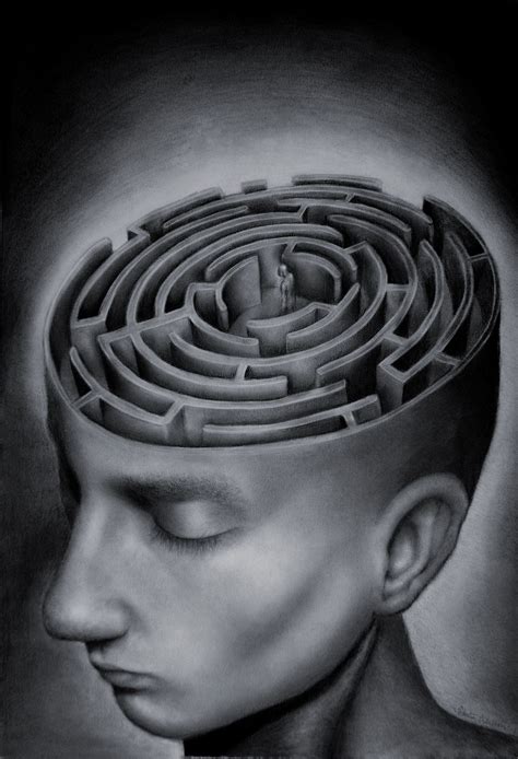 Black and white drawing of a man’s head with a maze inside, representing introspective decision-making and thoughtful failure.